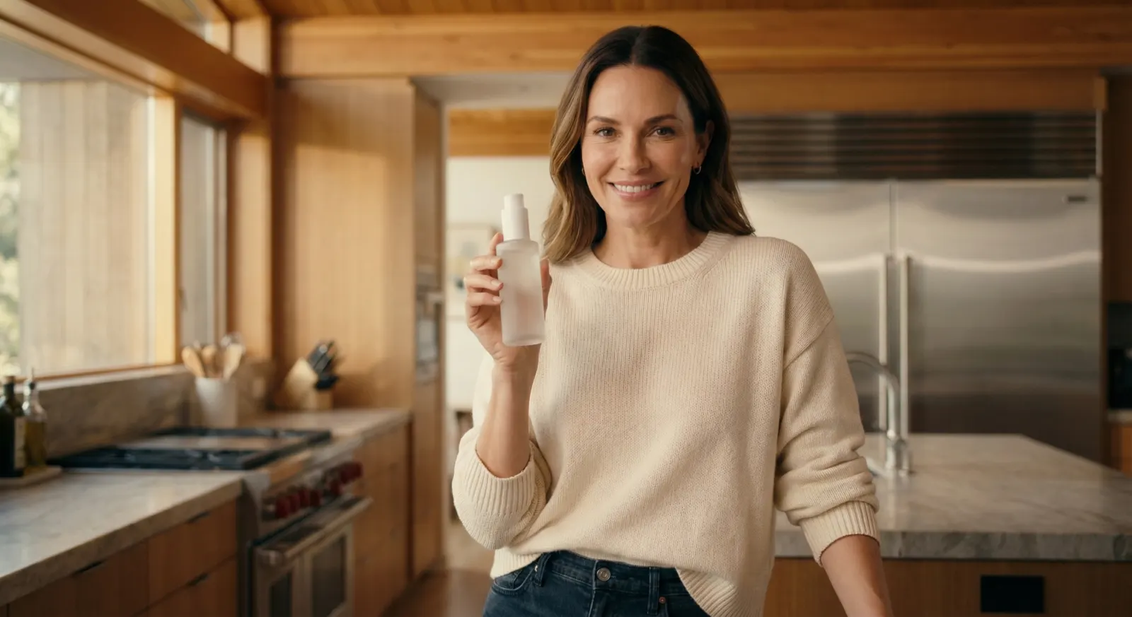 A presenter holding a product, label forward