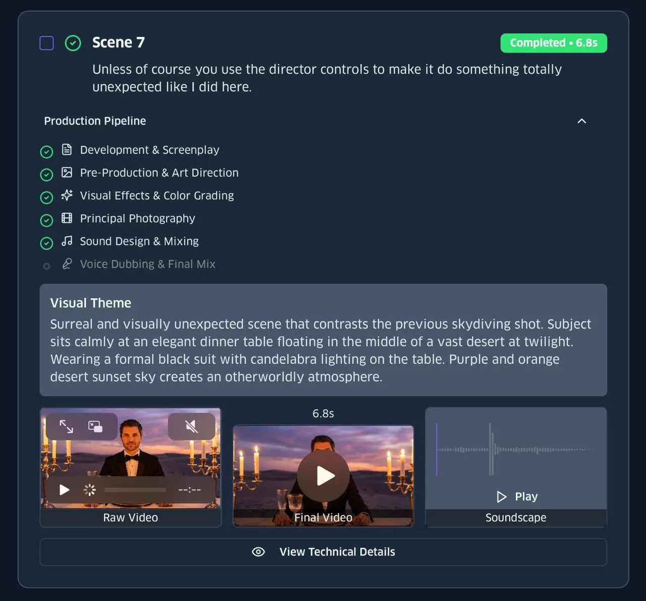 A scene card: Scene 7 completed, the six-stage production pipeline checked off, the visual theme, raw video, final video and soundscape