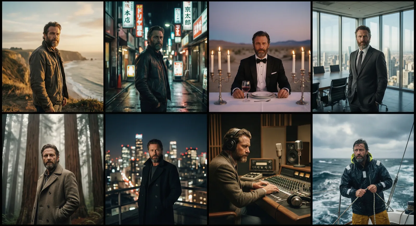 Eight unique cinematic scenes — same character, different environments